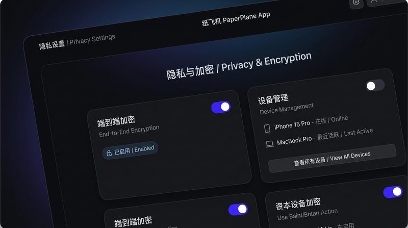 纸飞机APP安全设置面板展示端到端加密状态
